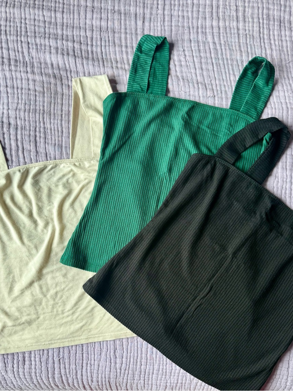 Reformation Ribbed Square-Neck Tank Bundle in Green, Black, Cream - Picture 8 of 8
